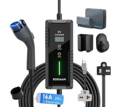 bokman Level 1&2 EV Charger 16A with 25ft Charging Cable and NEMA 6-20 Plug